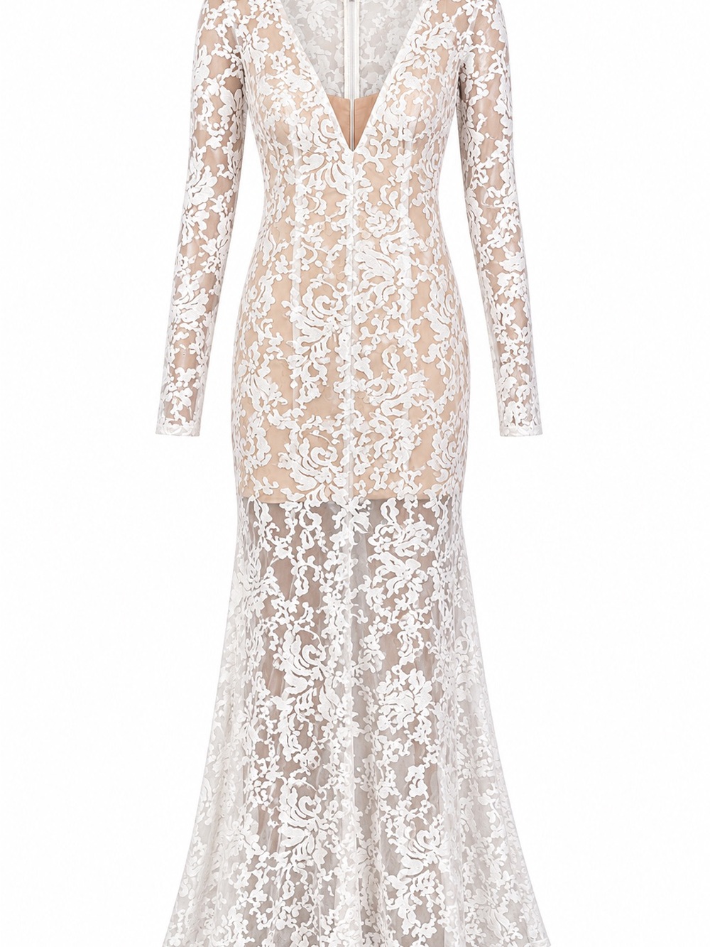 NWOT Unbranded Elegant White Lace Long-Sleeve V-Neck Dress with Nude Lining